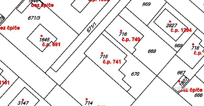 Neratovice 741 na parcele st. 715 v KÚ Neratovice, Katastrální mapa