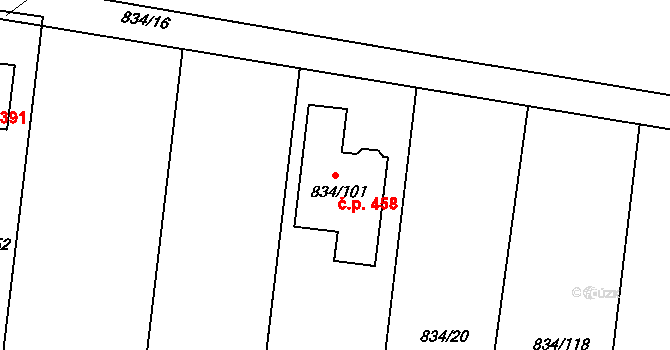 Rajhradice 458 na parcele st. 834/101 v KÚ Rajhradice, Katastrální mapa