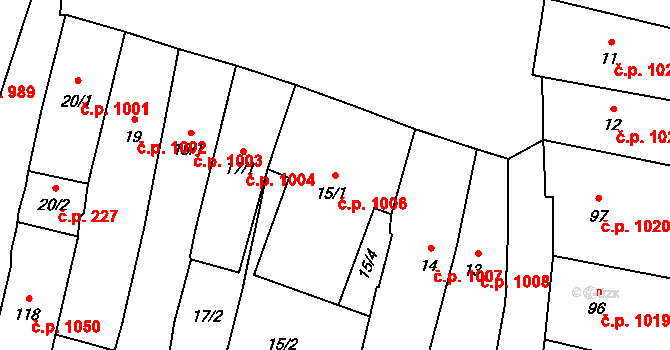 Mohelnice 1006 na parcele st. 15/1 v KÚ Mohelnice, Katastrální mapa