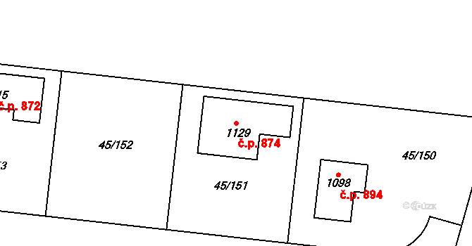 Hovorčovice 874 na parcele st. 1129 v KÚ Hovorčovice, Katastrální mapa