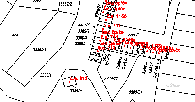 Líšeň 713, Brno na parcele st. 3389/6 v KÚ Líšeň, Katastrální mapa