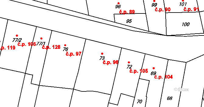 Želatovice 96 na parcele st. 73 v KÚ Želatovice, Katastrální mapa