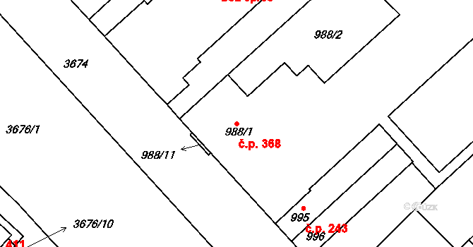 Vyškov-Předměstí 368, Vyškov na parcele st. 988/1 v KÚ Vyškov, Katastrální mapa