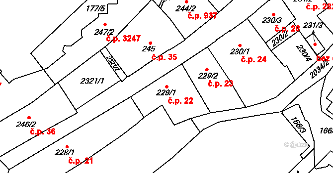 Šumperk 22 na parcele st. 229/1 v KÚ Šumperk, Katastrální mapa