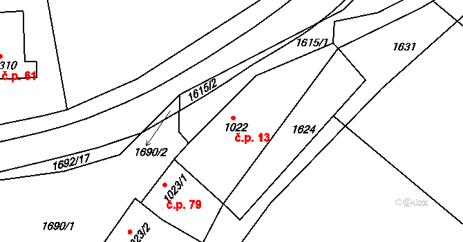 Kladruby 13, Chlumec nad Cidlinou na parcele st. 1022 v KÚ Chlumec nad Cidlinou, Katastrální mapa
