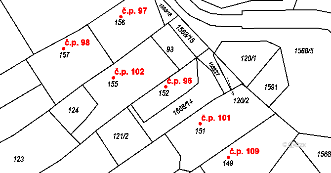 Věšín 96 na parcele st. 152 v KÚ Věšín, Katastrální mapa