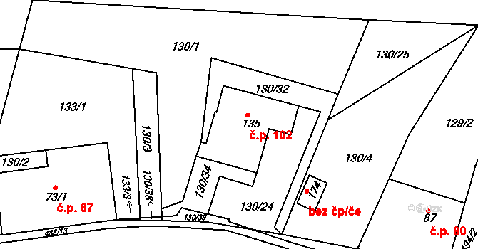 Zhoř 102, Němčice na parcele st. 135 v KÚ Zhoř u České Třebové, Katastrální mapa