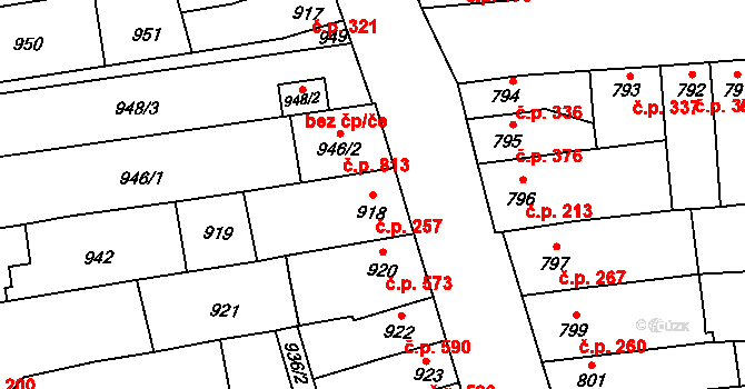 Tuřany 257, Brno na parcele st. 918 v KÚ Tuřany, Katastrální mapa