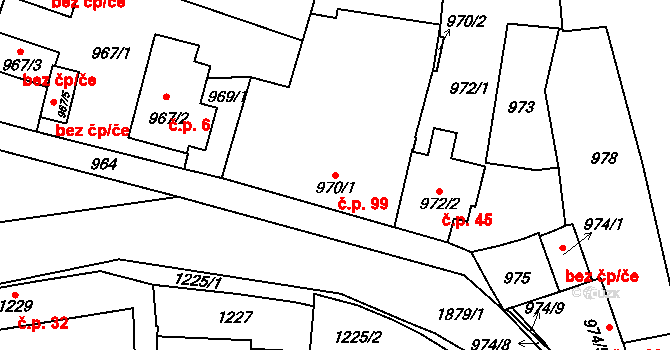 Dubeč 99, Praha na parcele st. 970/1 v KÚ Dubeč, Katastrální mapa