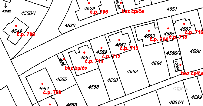 Záběhlice 712, Praha na parcele st. 4559 v KÚ Záběhlice, Katastrální mapa