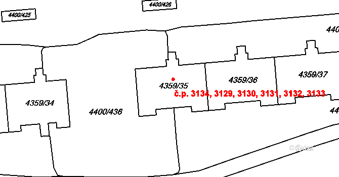 Modřany 3129,3130,3131,3132,, Praha na parcele st. 4359/36 v KÚ Modřany, Katastrální mapa