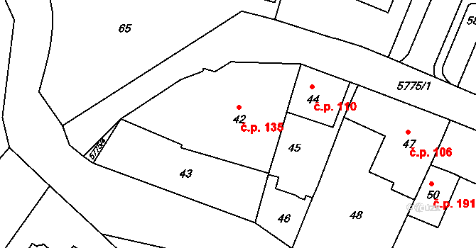 Záběhlice 135, Praha na parcele st. 42 v KÚ Záběhlice, Katastrální mapa