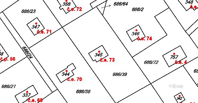 Halouny 73, Svinaře na parcele st. 345 v KÚ Svinaře, Katastrální mapa