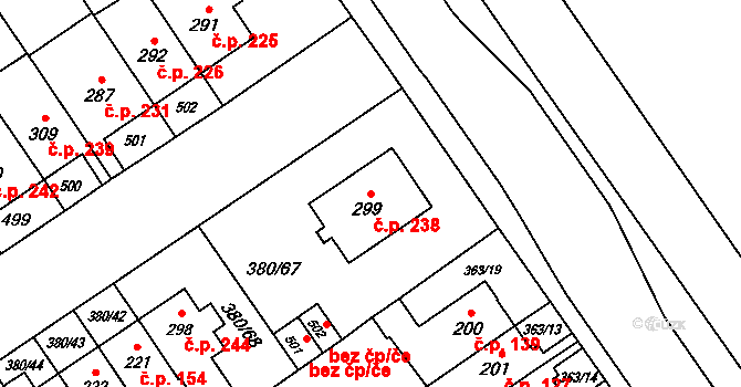 Hejčín 238, Olomouc na parcele st. 299 v KÚ Hejčín, Katastrální mapa