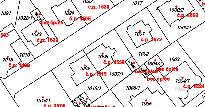 Chomutov 1558 na parcele st. 1008 v KÚ Chomutov I, Katastrální mapa