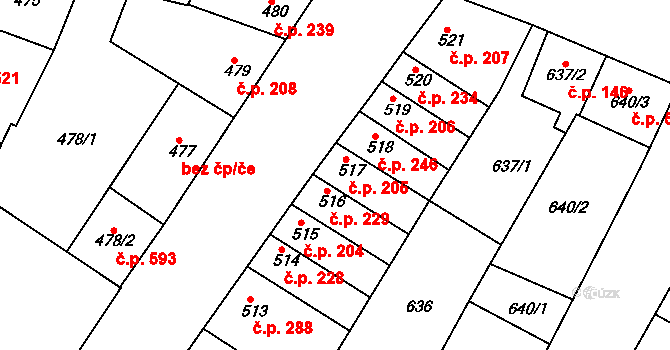 Blučina 205 na parcele st. 517 v KÚ Blučina, Katastrální mapa