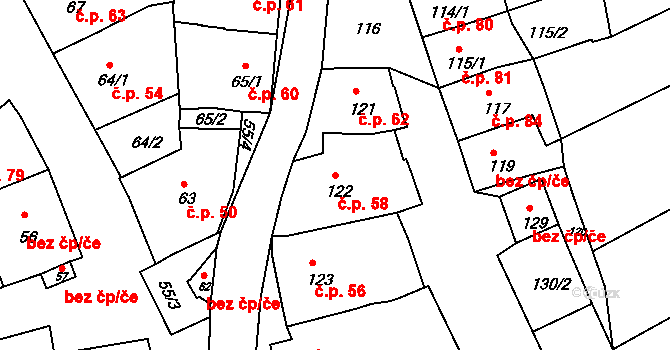 Trboušany 58 na parcele st. 122 v KÚ Trboušany, Katastrální mapa