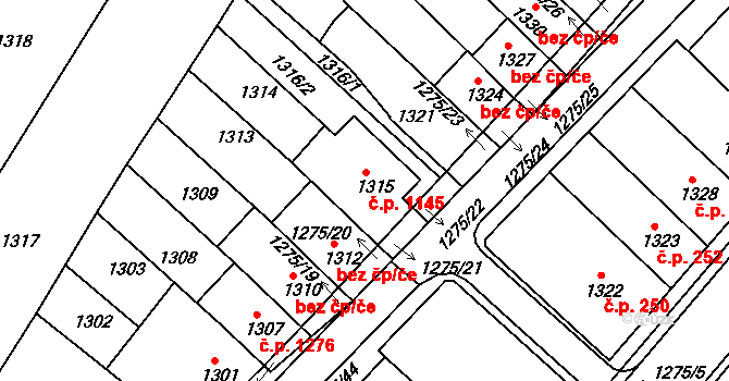 Mutěnice 1145 na parcele st. 1315 v KÚ Mutěnice, Katastrální mapa
