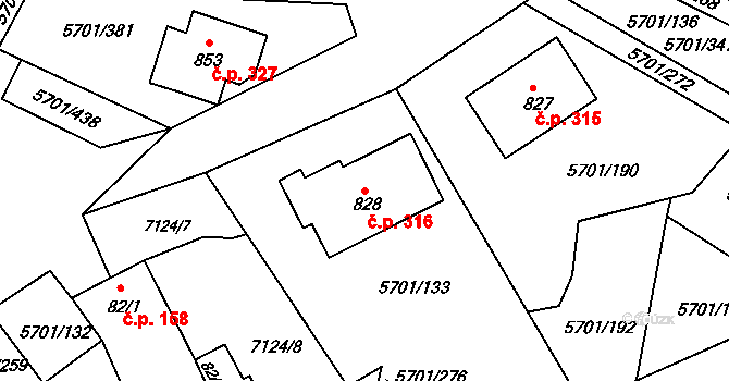 Hrádek 316 na parcele st. 828 v KÚ Hrádek u Znojma, Katastrální mapa