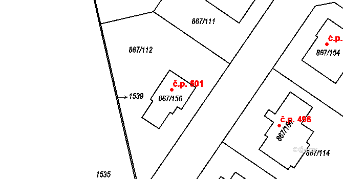 Hřebeč 501 na parcele st. 867/156 v KÚ Hřebeč, Katastrální mapa