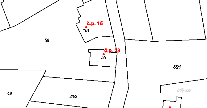Lobeč 23 na parcele st. 55 v KÚ Lobeč u Mšena, Katastrální mapa
