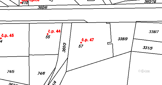 Hrádek 47, Srch na parcele st. 57 v KÚ Hrádek u Pardubic, Katastrální mapa