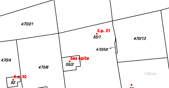 Hracholusky 21 na parcele st. 55/1 v KÚ Hracholusky nad Berounkou, Katastrální mapa
