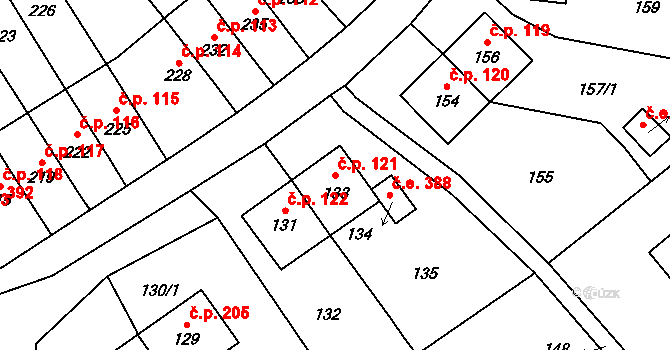 Povrly 121 na parcele st. 133 v KÚ Povrly, Katastrální mapa