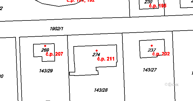 Velemín 211 na parcele st. 274 v KÚ Velemín, Katastrální mapa