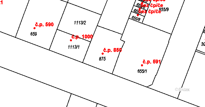 Bystřice pod Hostýnem 850 na parcele st. 875 v KÚ Bystřice pod Hostýnem, Katastrální mapa