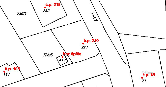 Mokřiny 210, Aš na parcele st. 221 v KÚ Mokřiny, Katastrální mapa