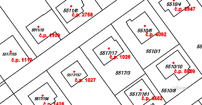 Jihlava 1026 na parcele st. 5517/17 v KÚ Jihlava, Katastrální mapa