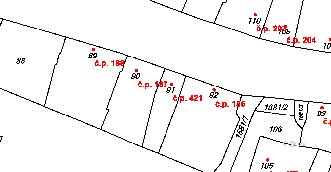 Sadská 421 na parcele st. 91 v KÚ Sadská, Katastrální mapa