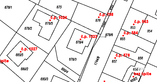 Sadská 1023 na parcele st. 878/4 v KÚ Sadská, Katastrální mapa
