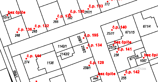 Olšany 195, Brandýsek na parcele st. 258/1 v KÚ Brandýsek, Katastrální mapa