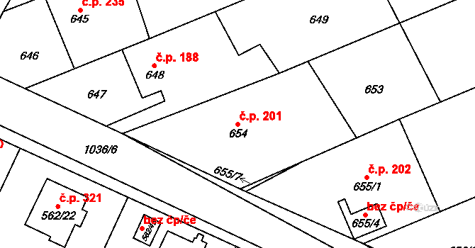 Tetčice 201 na parcele st. 654 v KÚ Tetčice, Katastrální mapa