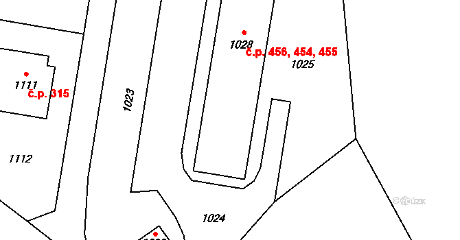 Vrbno pod Pradědem 454,455,456 na parcele st. 1028 v KÚ Vrbno pod Pradědem, Katastrální mapa