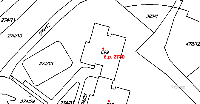 Šumperk 2730 na parcele st. 599 v KÚ Dolní Temenice, Katastrální mapa