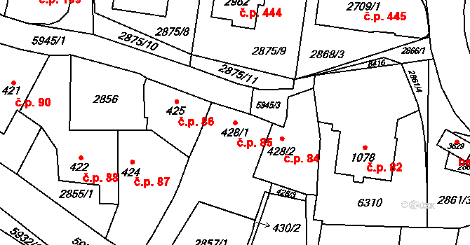 Dolní Předměstí 85, Polička na parcele st. 428/1 v KÚ Polička, Katastrální mapa