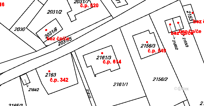 Útočiště 614, Klášterec nad Ohří na parcele st. 2161/3 v KÚ Klášterec nad Ohří, Katastrální mapa