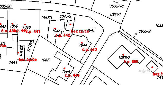 Proboštov 443 na parcele st. 1044 v KÚ Proboštov u Teplic, Katastrální mapa