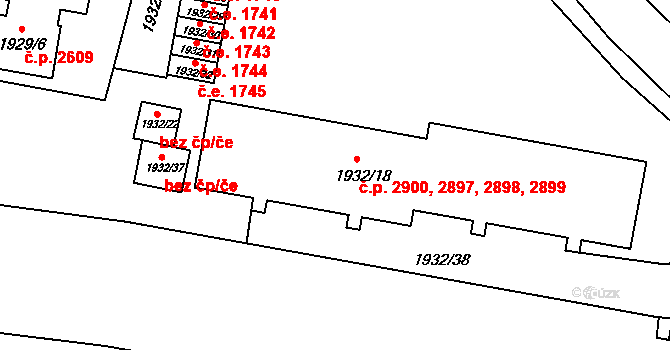 Teplice 2897,2898,2899,2900 na parcele st. 1932/18 v KÚ Teplice, Katastrální mapa
