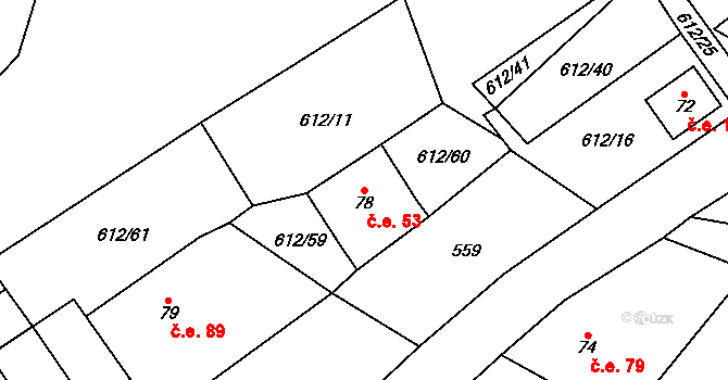 Háj 53, Loučná pod Klínovcem na parcele st. 78 v KÚ Háj u Loučné pod Klínovcem, Katastrální mapa