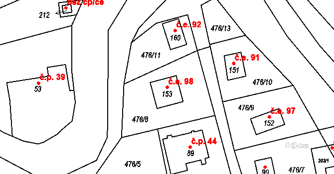 Hryzely 98, Barchovice na parcele st. 153 v KÚ Hryzely, Katastrální mapa