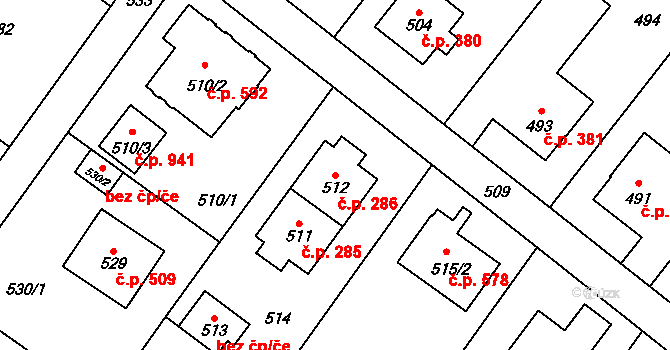 Vinoř 286, Praha na parcele st. 512 v KÚ Vinoř, Katastrální mapa