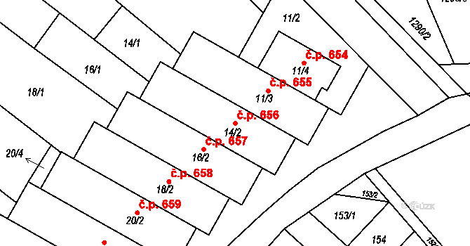 Mikulčice 656 na parcele st. 14/2 v KÚ Mikulčice, Katastrální mapa