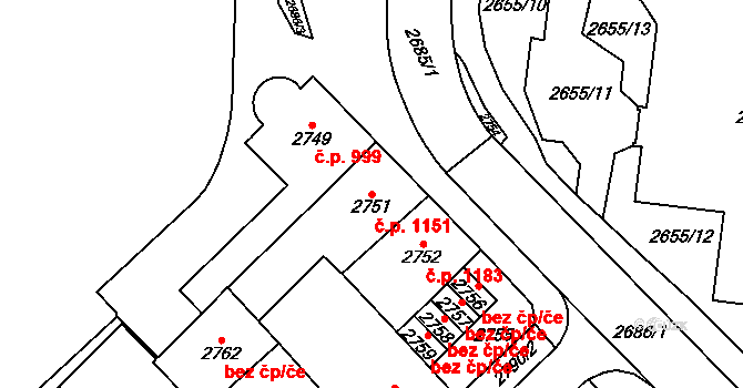 Chomutov 1151 na parcele st. 2751 v KÚ Chomutov I, Katastrální mapa