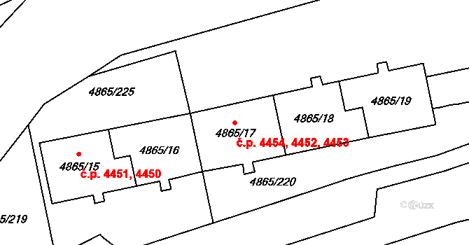 Chomutov 4452,4453,4454 na parcele st. 4865/17 v KÚ Chomutov I, Katastrální mapa
