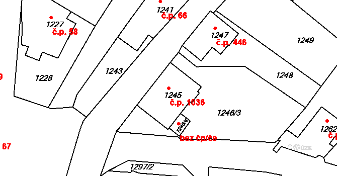 Rumburk 1 1036, Rumburk na parcele st. 1245 v KÚ Rumburk, Katastrální mapa