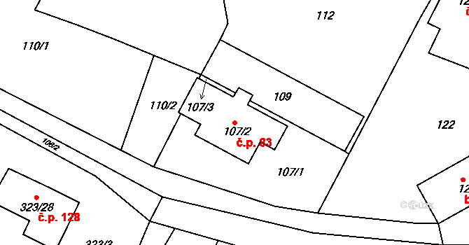 Hvozdec 83 na parcele st. 107/2 v KÚ Hvozdec u Veverské Bítýšky, Katastrální mapa